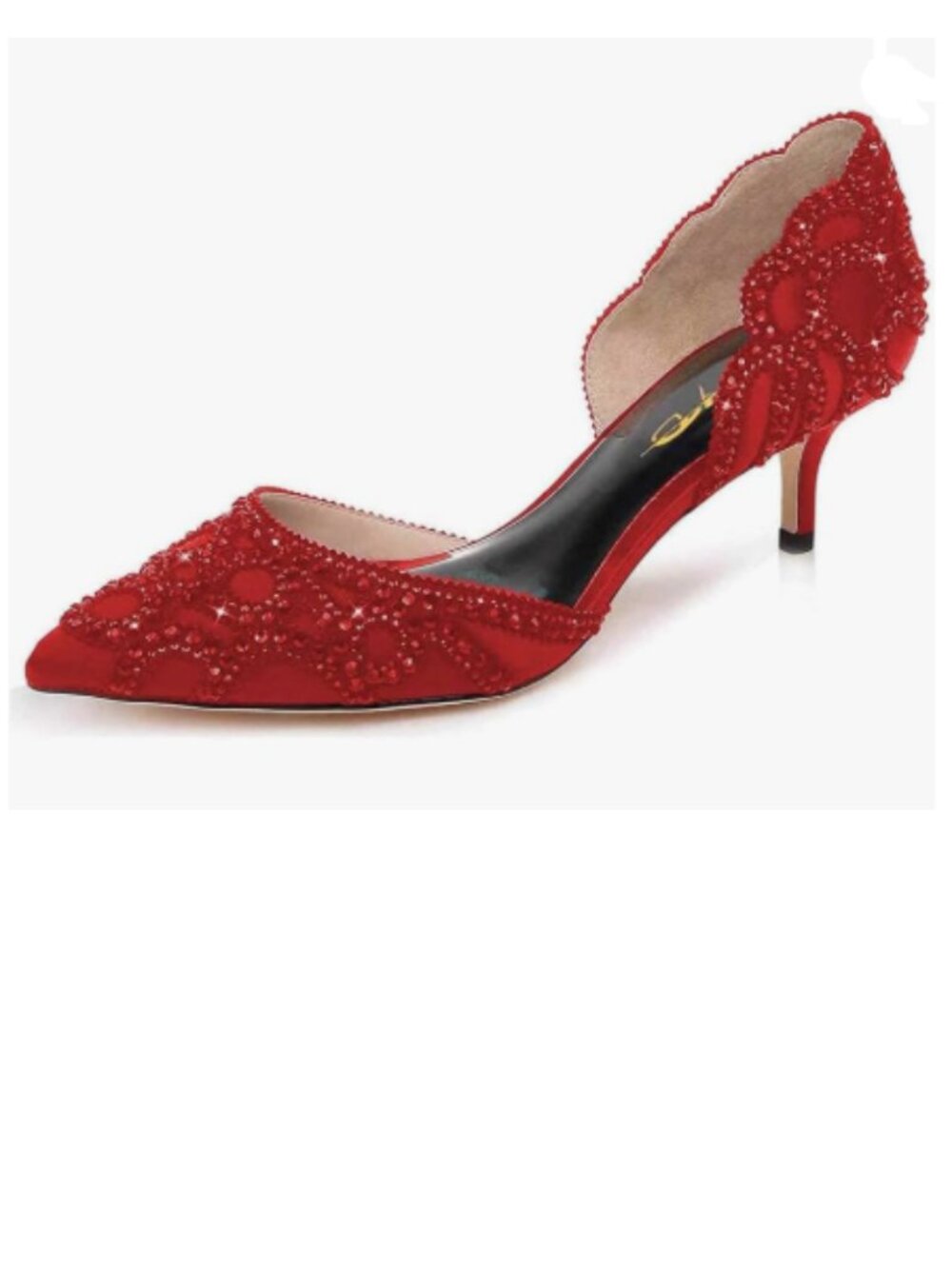 XYD Red Pump Pointed Toe D'Orsay Kitten Heel Rhinestone Studs Slip-On Shoes